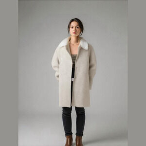 Sandro Wool Blend Tweed Winter Coat Faux Fur Collar Tan 14